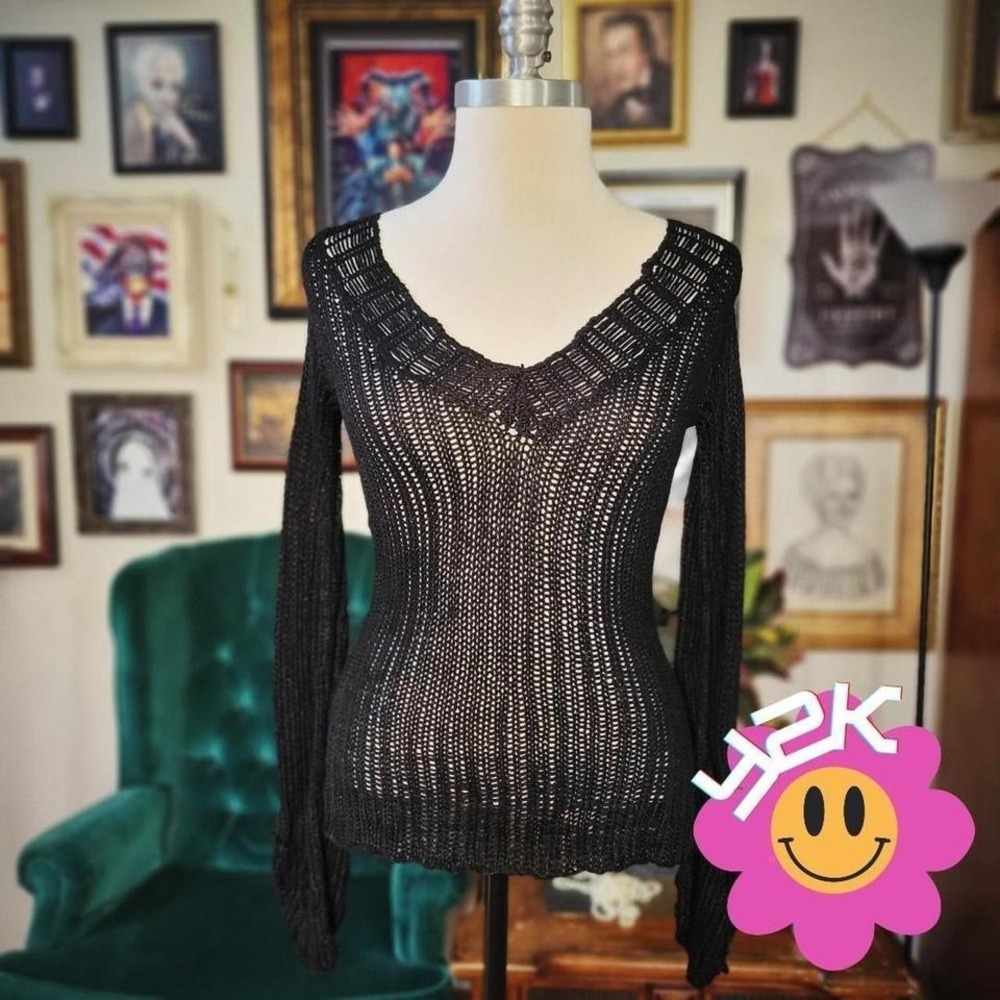 Gabriel S Knit Sweater Y2K Vintage Black Bambu Style Bell Sleeve V-Neck Small